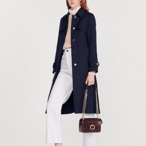 Sandro Navy Pleated Back Trench Coat